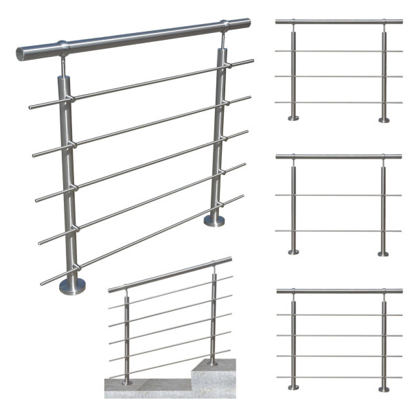 Edelstahl Geländer Set Querstäbe Aufmontage bis 6 Meter geteilt 1100mm_Trägerplatte mit geraden Stift_5 Querstäbe_bis 3500mm 4 Pfosten